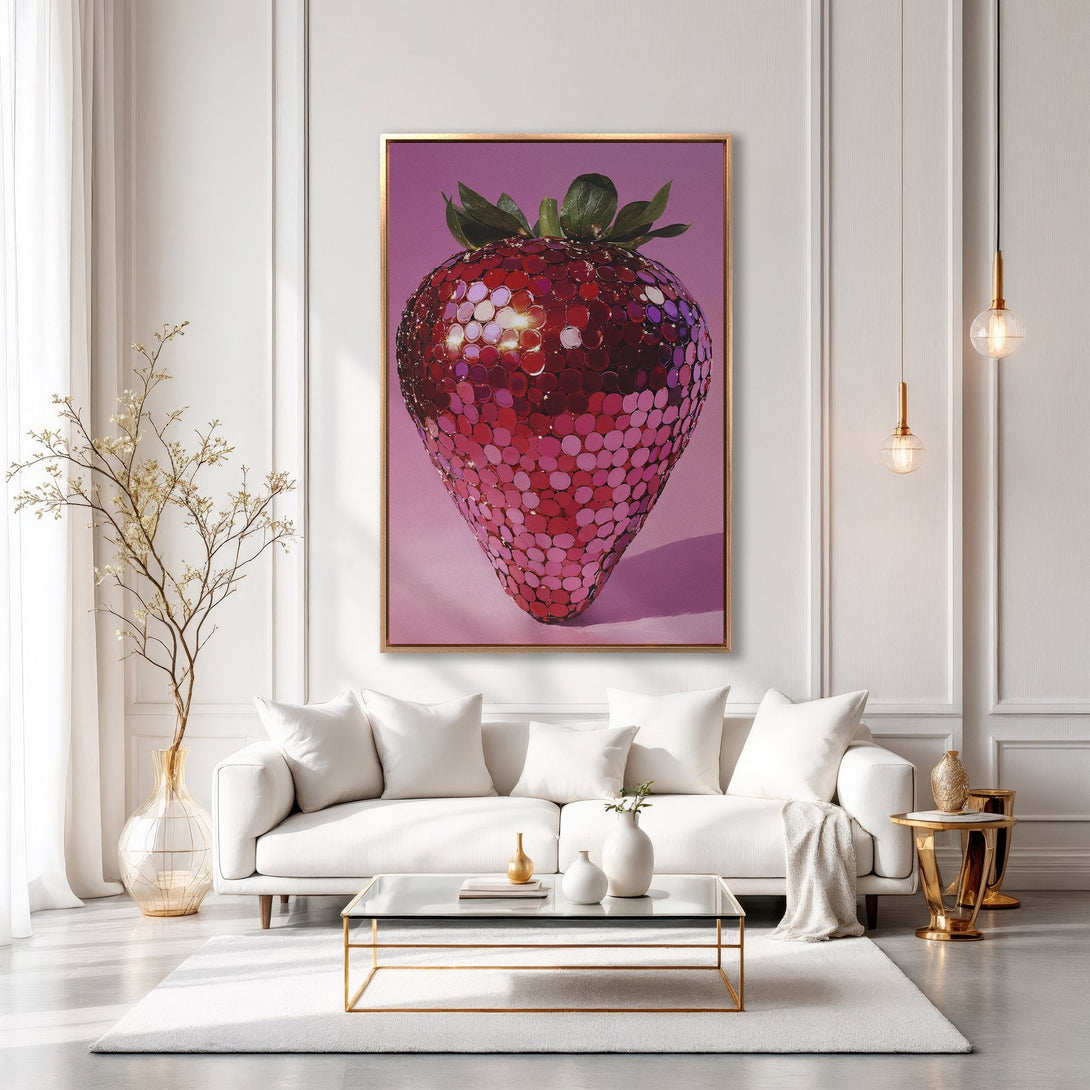Framed Wall Art: Pop art strawberry in a modern living room. Vibrant red and pink color palette. Elevate your space with this unique canvas print.