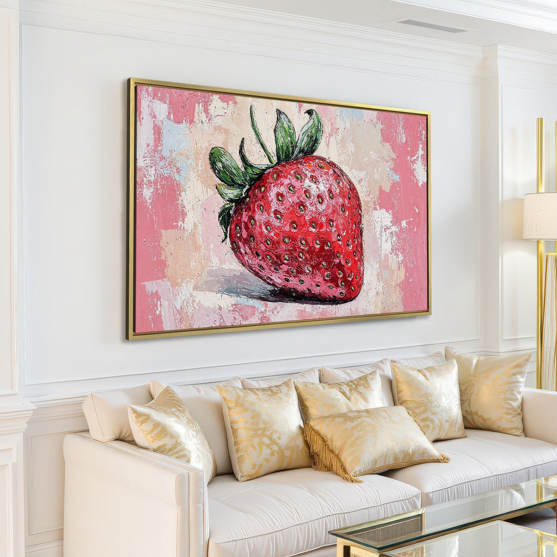 Canvas Print: Oversized strawberry art in a modern interior. Bold, textured painting with red, pink, and green hues. Perfect for kitchen or dining room decor.