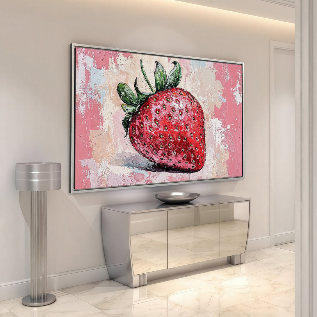 Framed Wall Art featuring a vibrant, textured strawberry painting. Pink, red, and green color palette. Perfect for modern home decor.