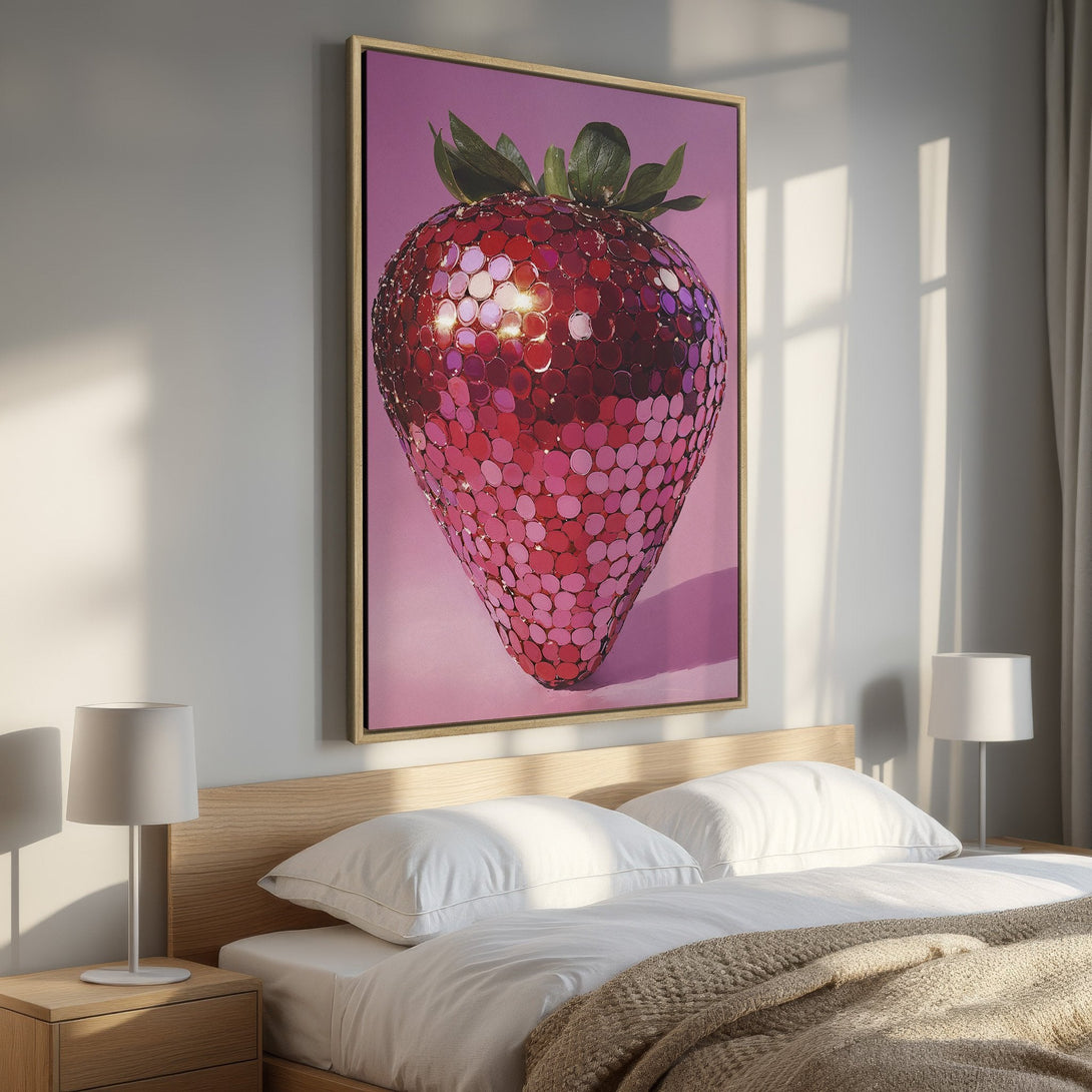 Framed Wall Art: Modern art print featuring a sparkling strawberry in a pink and red color palette. Perfect for bedroom decor!