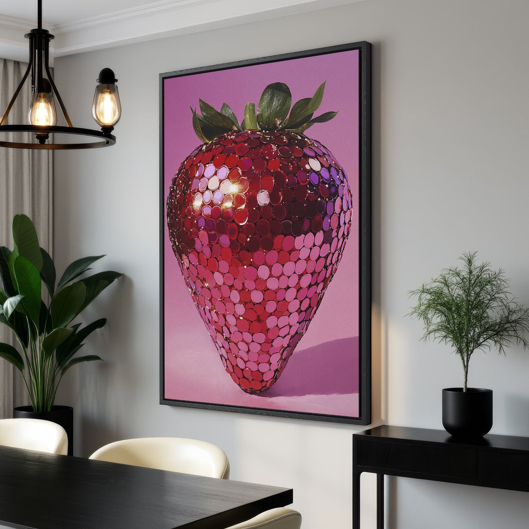 Framed Wall Art: Pop art strawberry canvas print in pink and red. Modern art for your dining room. Shop wall decor now!