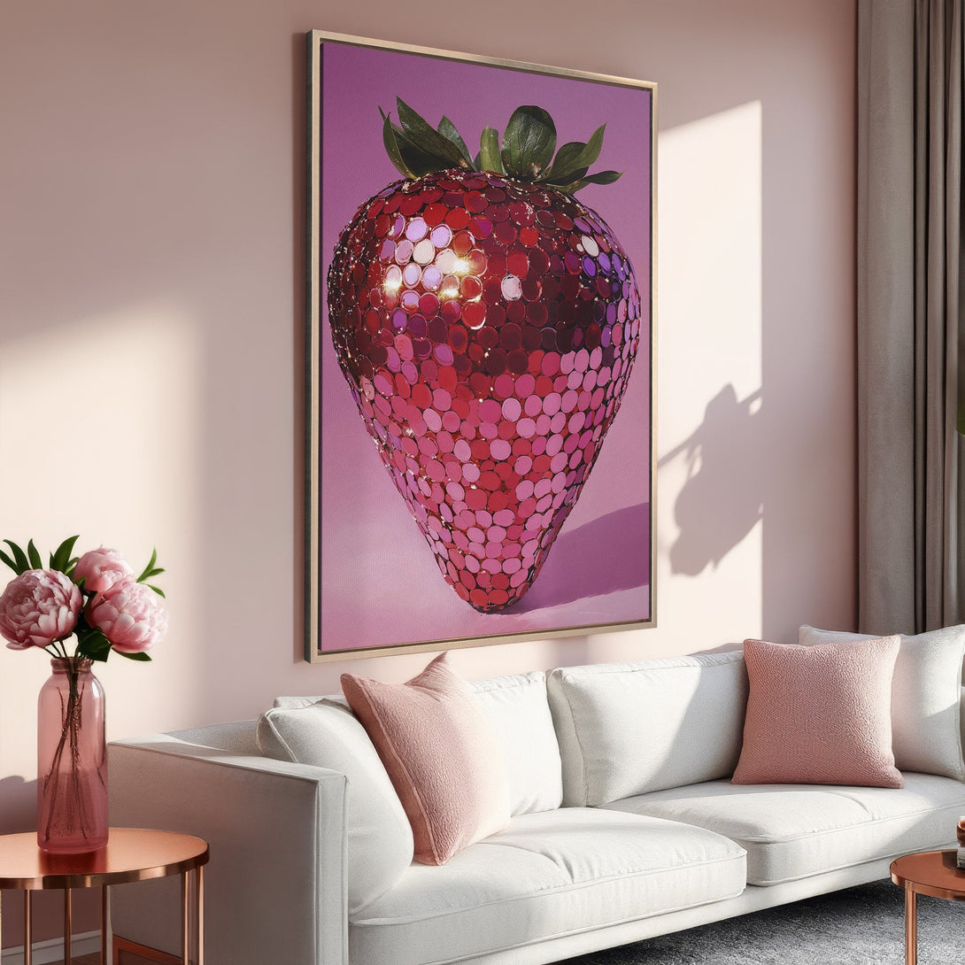 Framed Wall Art: Glamorous strawberry print in pink and red tones. Modern art for a stylish living room. Shop now!