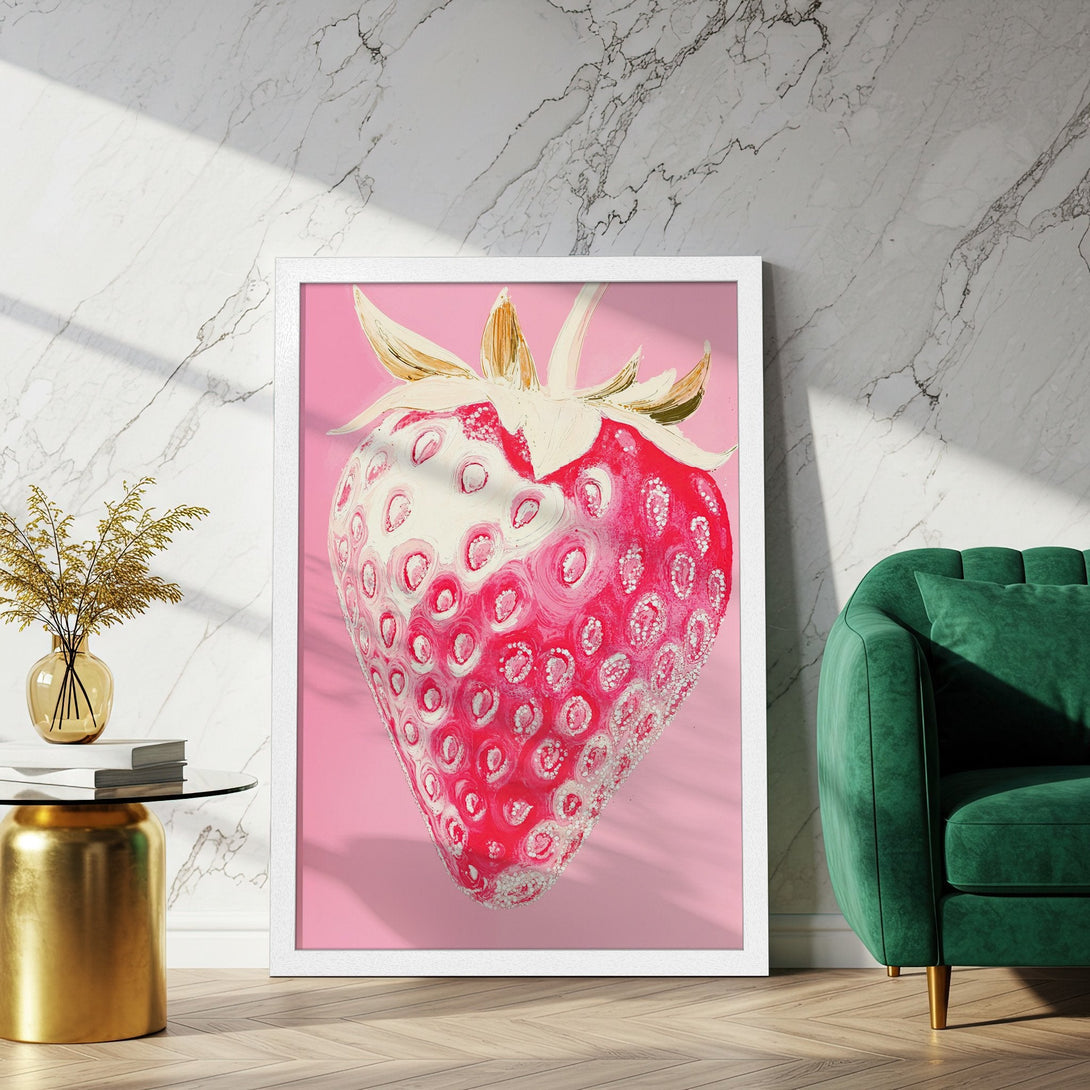 Framed Poster featuring a vibrant strawberry painting in a modern style. Pink, red, and white color palette. Perfect wall art!