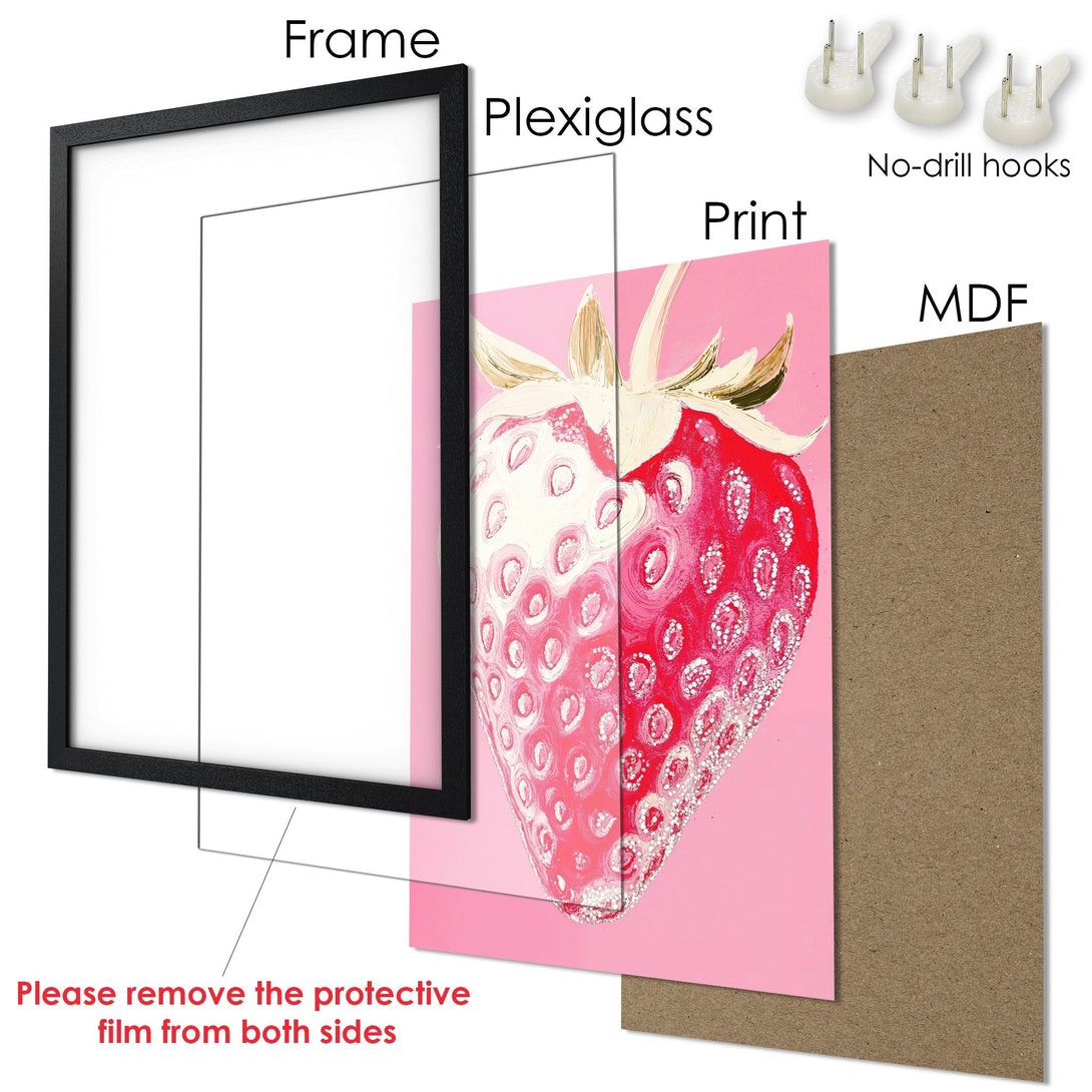 Framed Poster featuring a vibrant strawberry art print. Modern style with pink, red, and white color palette. Ready to hang!