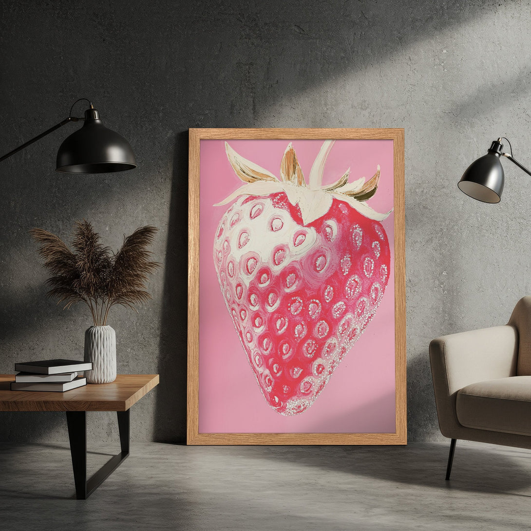 Framed Poster featuring a vibrant strawberry painting. Modern art style with a pink and red color palette, perfect wall decor.