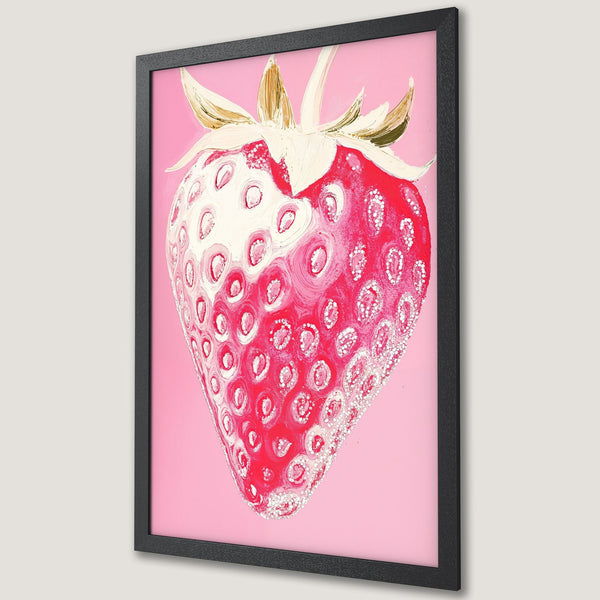 Framed Poster of a vibrant strawberry art print. Bold, colorful artwork in pink, red, and white. Perfect kitchen decor!