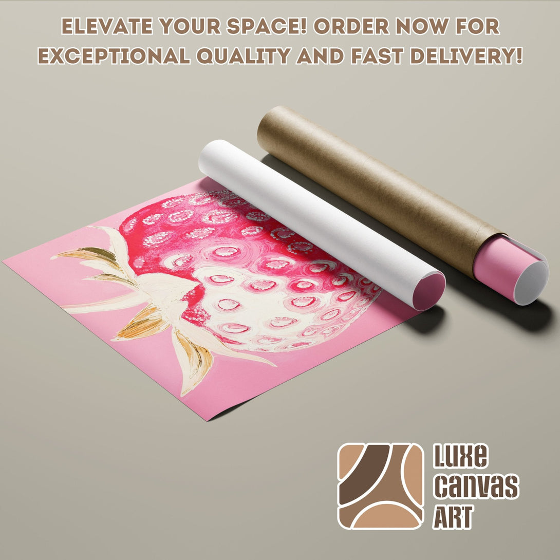 Poster Roll of a strawberry art print in pink and gold tones. Elevate your space!