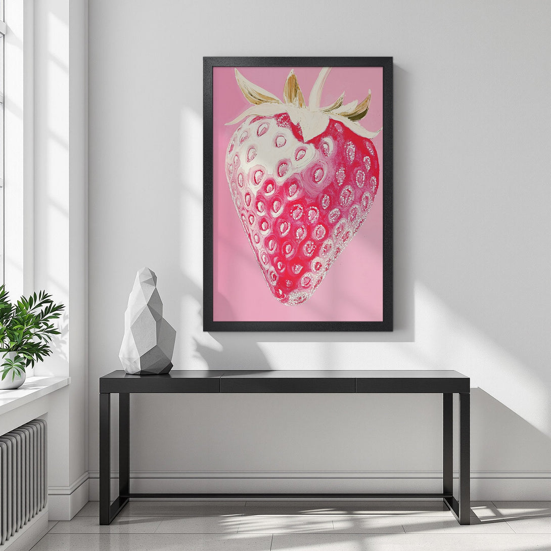 Framed Poster featuring a vibrant strawberry painting. Modern style with a pink and red color palette, perfect for kitchen or dining room decor.