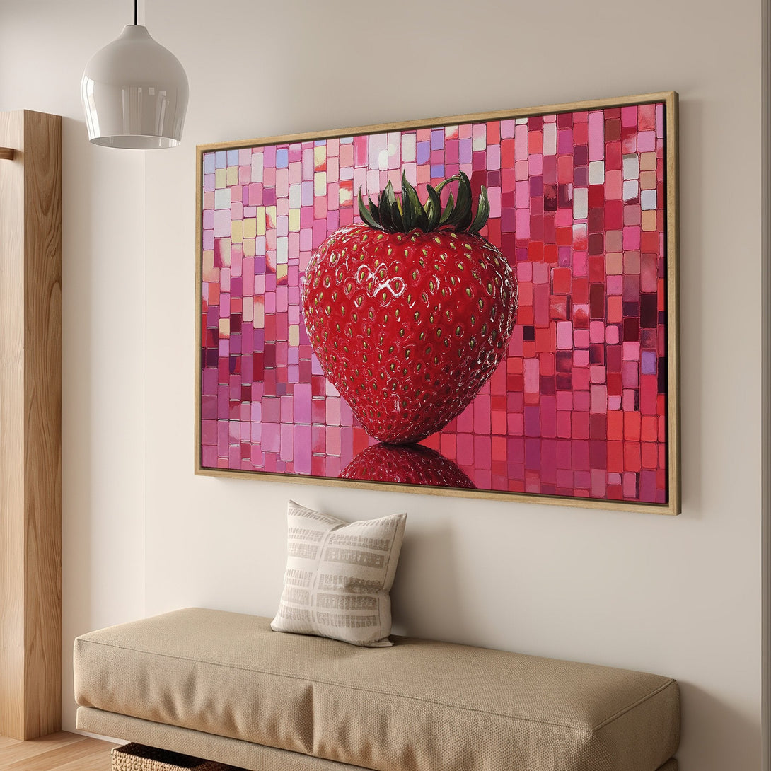 Framed Wall Art: Vibrant strawberry canvas print in a modern style, featuring a red and pink color palette. Perfect for adding a pop of color to any room.