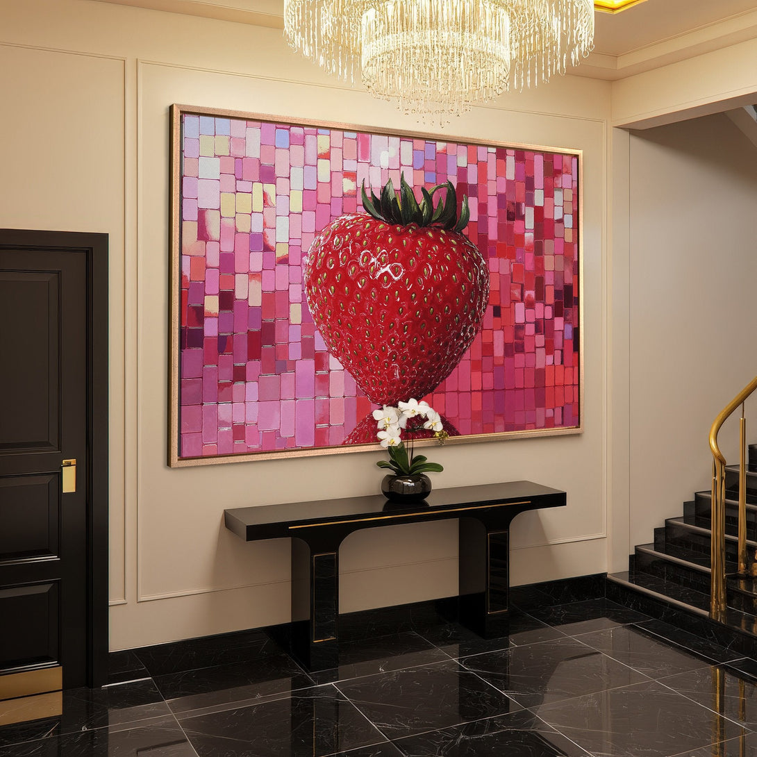 Framed Wall Art: Bold strawberry art in a modern style, with a vibrant pink and red color palette. Perfect for adding a pop of color to your home!