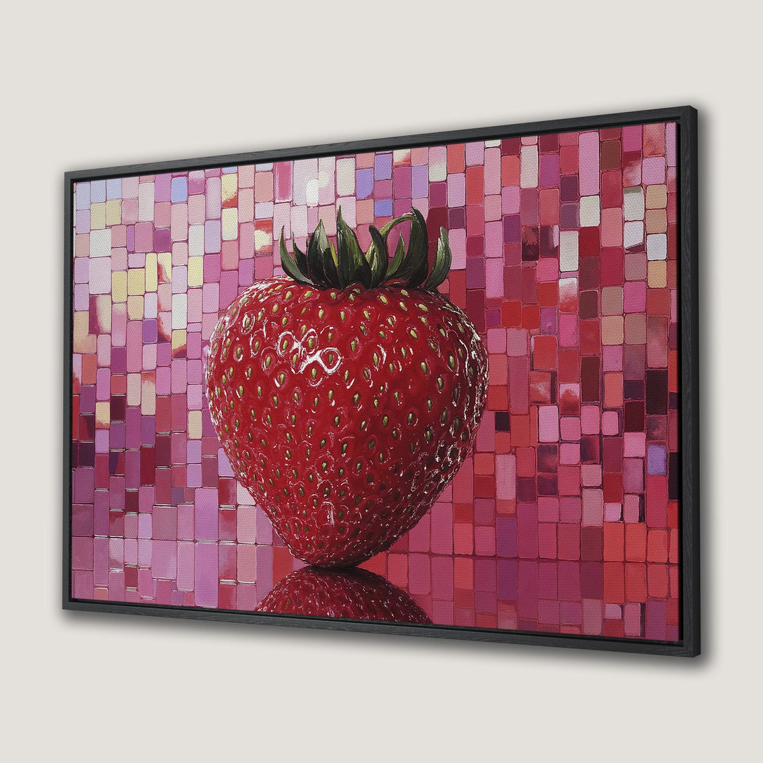 Framed Wall Art: Vibrant strawberry Canvas Print in shades of red and pink. Modern art style with a unique mosaic background. Perfect for kitchen decor!