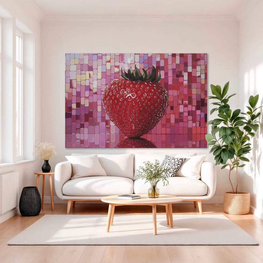 Framed Wall Art featuring a vibrant strawberry against a pink mosaic background. Modern art in a luxurious interior with a warm, red and pink color palette.