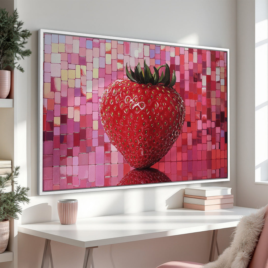 Framed Wall Art: Vibrant strawberry art print in a pink and red color palette. Modern style canvas print perfect for kitchen or dining room decor.