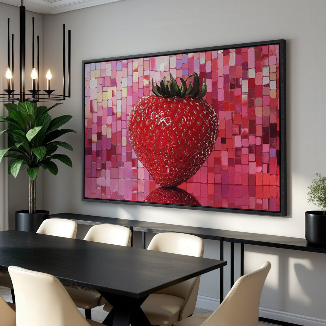 Framed Wall Art: Bold strawberry Canvas Print in a modern dining room. Vibrant red and pink color palette, perfect for kitchen or dining decor.