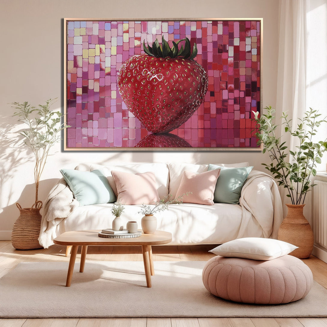 Framed Wall Art: Large, vibrant strawberry canvas print in a modern living room. Features a mosaic-style background with a pink and red color palette.