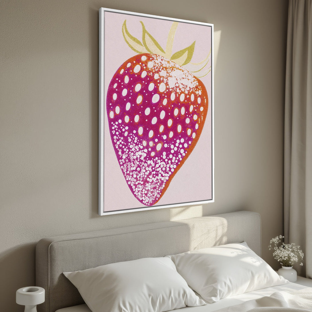 Framed Wall Art: Vibrant strawberry art print with pink, orange, and white hues. Modern style canvas print adds a pop of color to any bedroom.