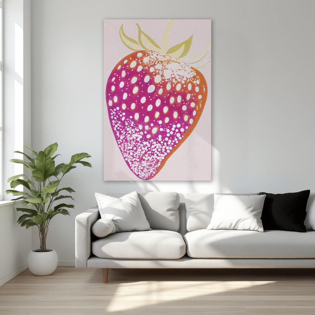Framed Wall Art: Strawberry illustration in pink and orange hues. Modern art canvas print for bedroom decor.