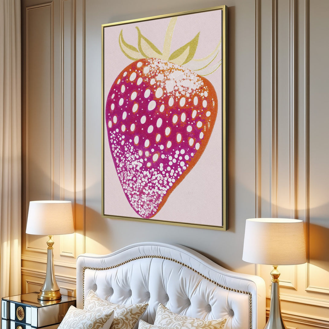 Canvas Print of a vibrant strawberry artwork in a modern interior. Features pink, orange, and white hues, creating a pop of color for your home decor.