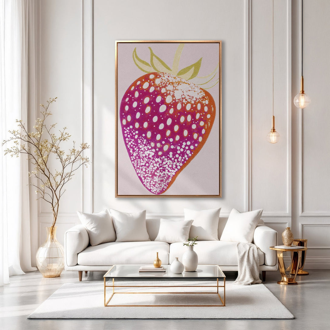 Framed Wall Art: Vibrant strawberry painting in a modern living room. Featuring a pink, orange, and white color palette, adding a pop of color to any space.