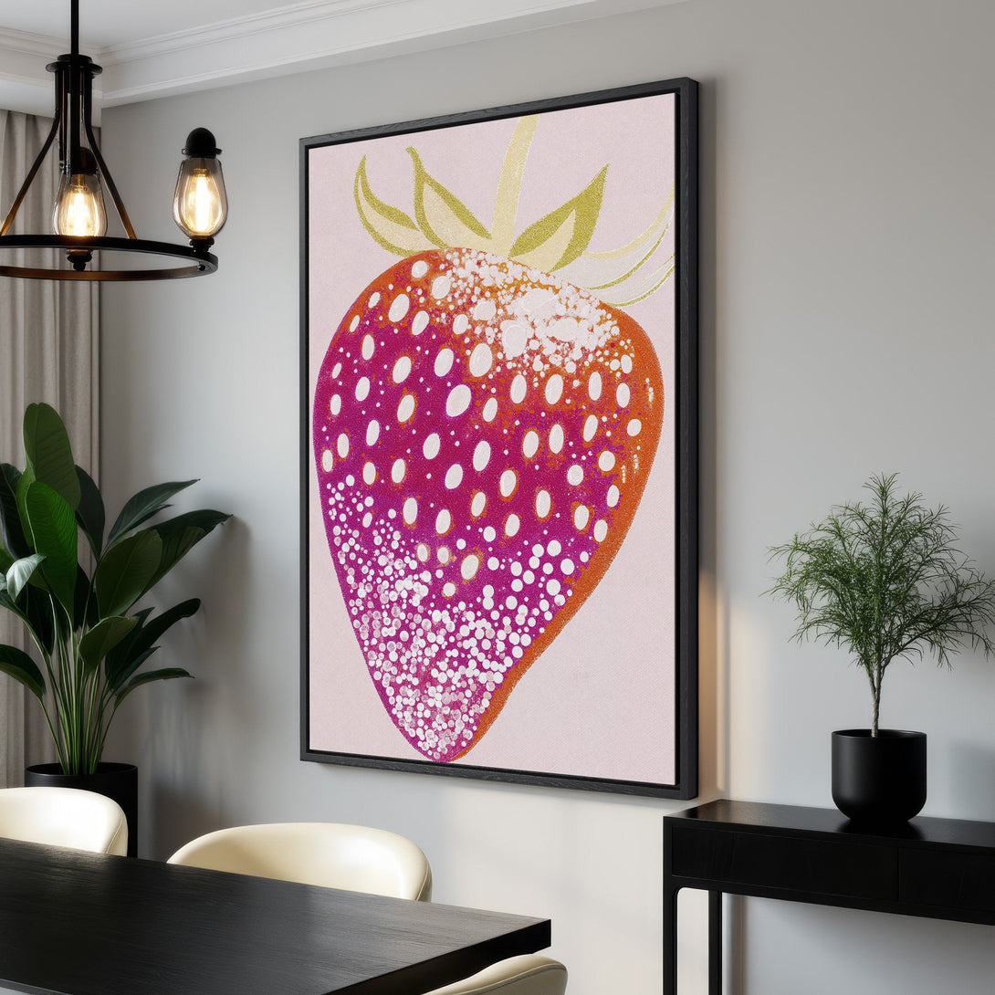 Framed Wall Art: Vibrant strawberry illustration in a modern style. Features a pink, orange, and gold color palette, perfect for adding a pop of color to your space.