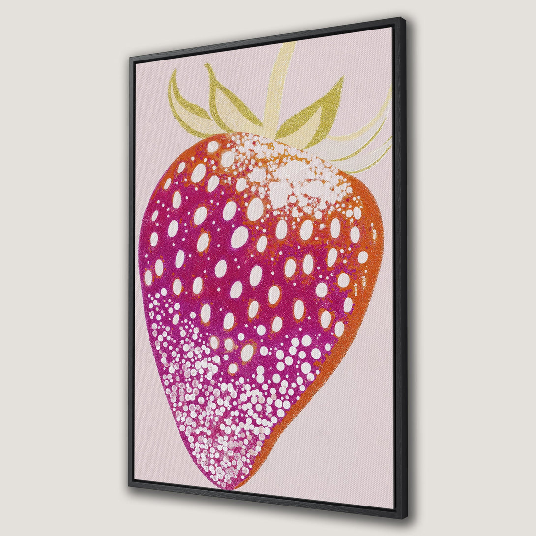 Framed Wall Art featuring a vibrant strawberry illustration. Modern style with pink, orange, and white hues. Perfect for adding a pop of color!