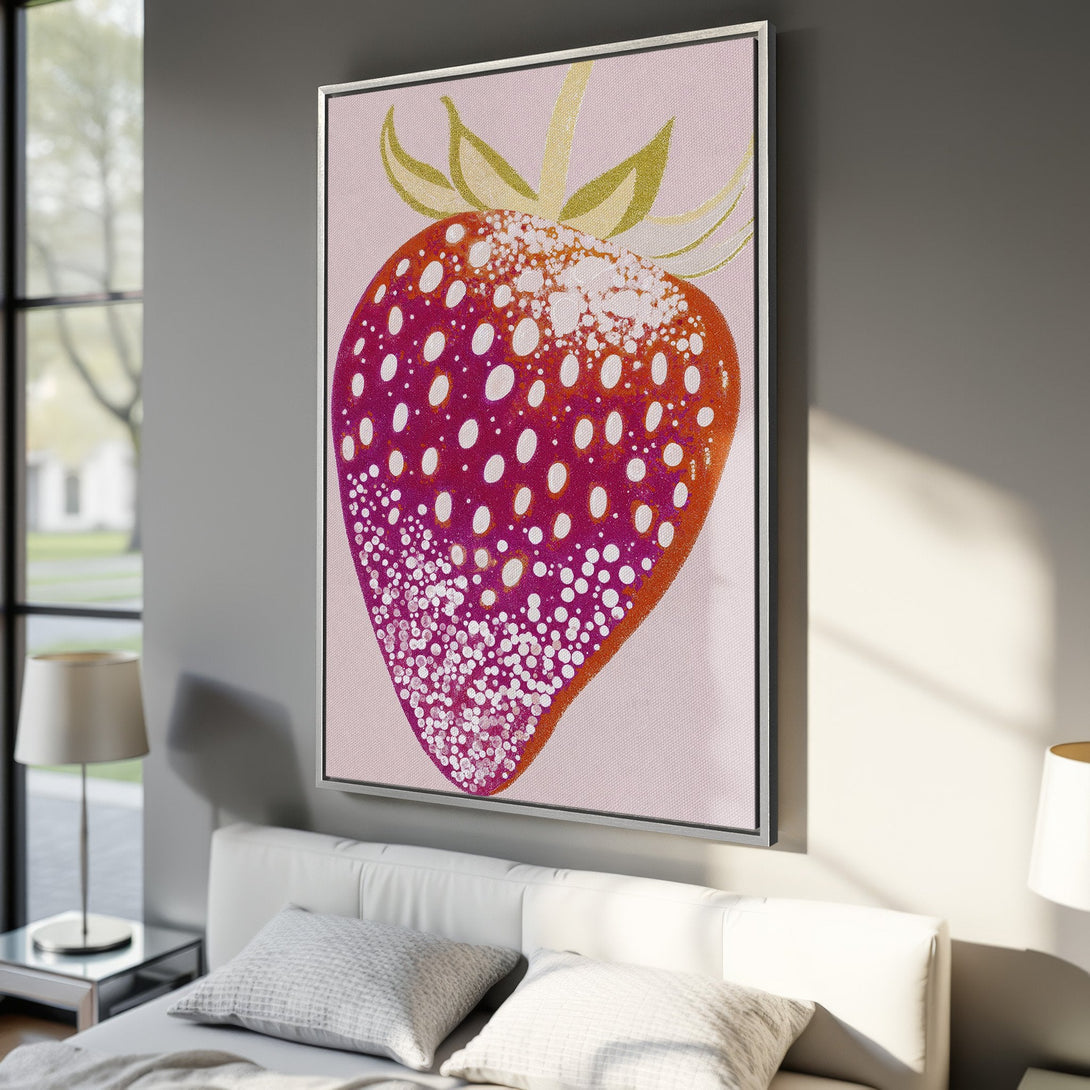 Framed Wall Art: Vibrant strawberry canvas print in pink & red hues. Modern art for bedroom decor. Add a pop of color to your space!