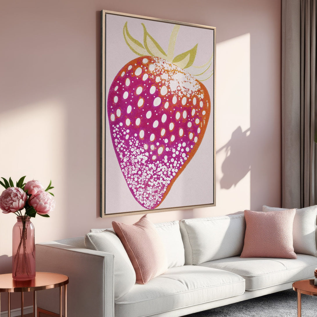 Framed Wall Art: Pop art strawberry print in pink & orange. Perfect for adding a touch of fun to your home decor. Shop now!