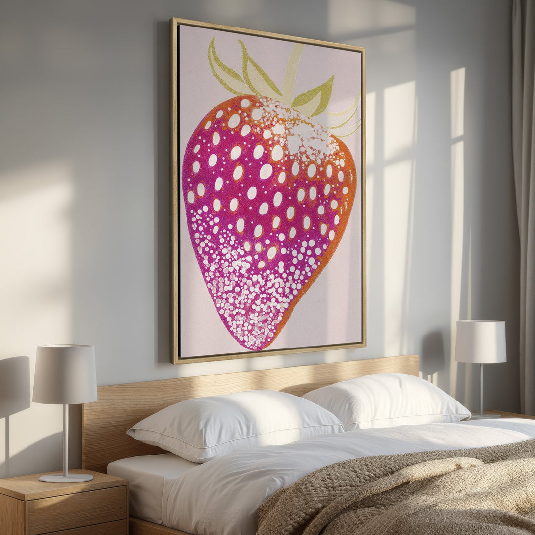 Framed Wall Art: Vibrant strawberry print with pink, orange, and white dots. Modern art for bedroom decor. Elevate your space with this colorful canvas print.