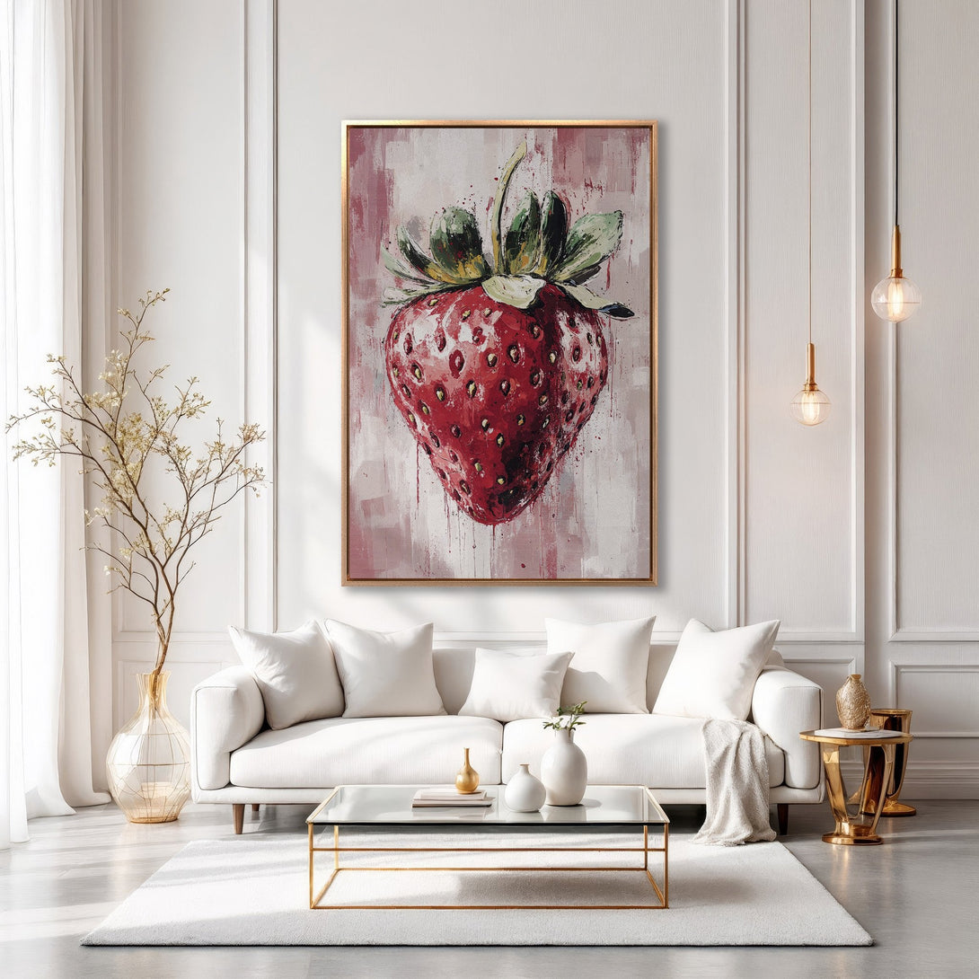 Framed Wall Art: Large, vibrant strawberry painting in a modern living room. Red and green fruit art with a gold frame, perfect for kitchen or dining room decor.