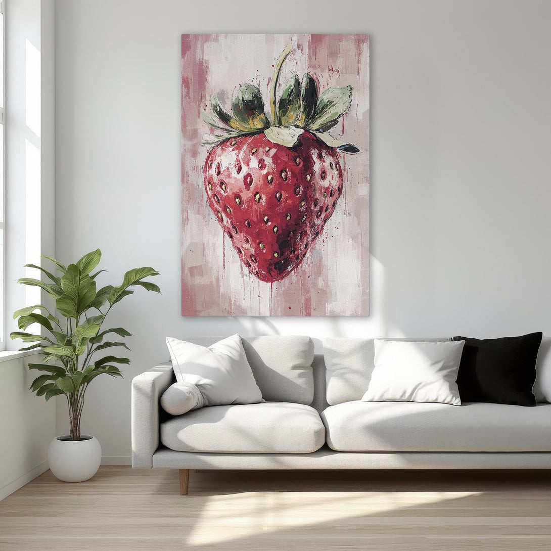 Framed Wall Art: Bold strawberry painting in a modern, abstract style with a red and pink color palette. Perfect for kitchen or bedroom decor.