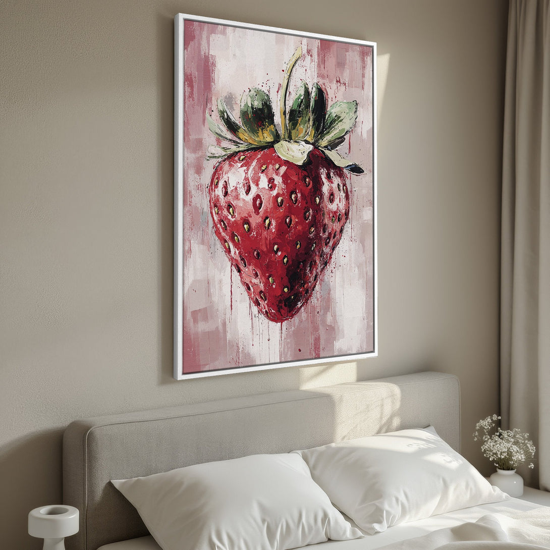 Framed Wall Art: Bold strawberry painting in a modern style. Red, pink, and green color palette. Perfect for kitchen or bedroom decor.