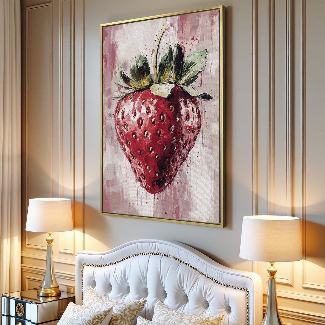 Canvas Print of a vibrant strawberry in a painterly style, featuring a red and pink color palette. Perfect for kitchen or dining room decor.