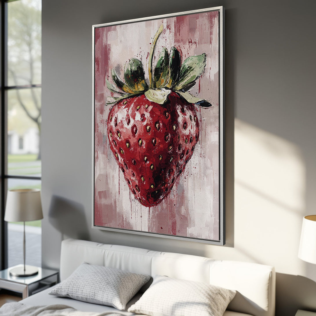 Framed Wall Art: Vibrant strawberry painting in a modern style. Features a red and green color palette with a pink background. Perfect for kitchen or bedroom decor.