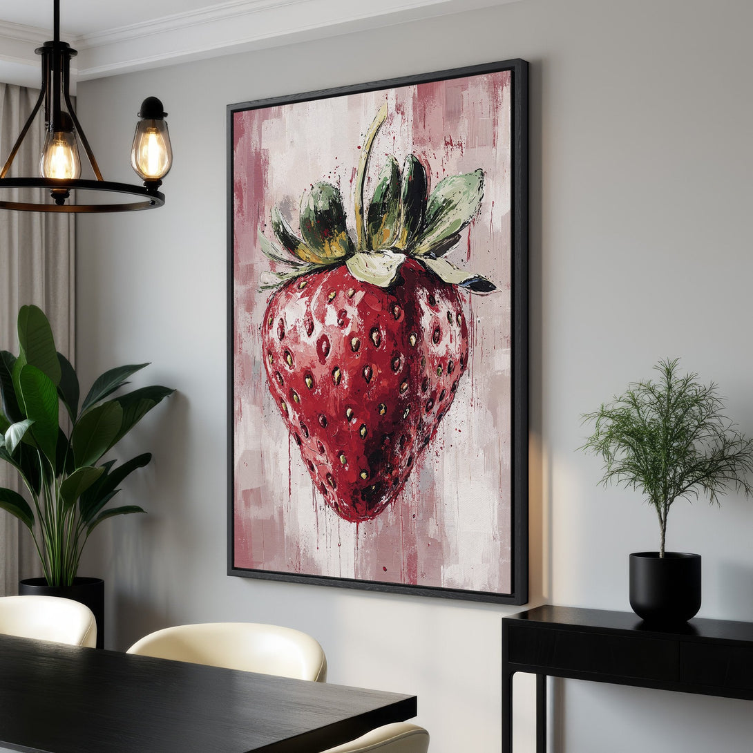 Framed Wall Art: Bold strawberry painting in a modern style. Features a vibrant red and pink color palette, perfect for adding a pop of color to any room.