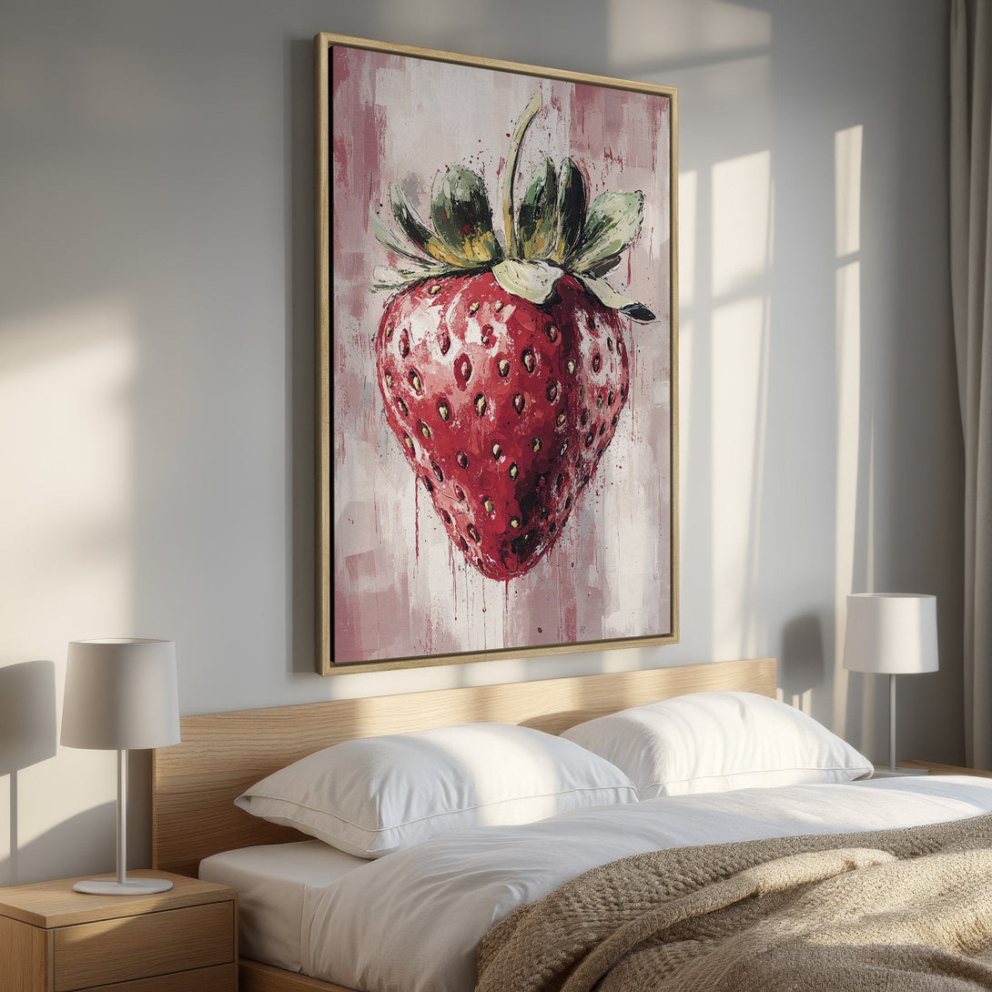 Framed Wall Art: Vibrant strawberry painting in a bedroom. Modern, abstract style with red, pink, and green hues. Perfect for adding color to your space.