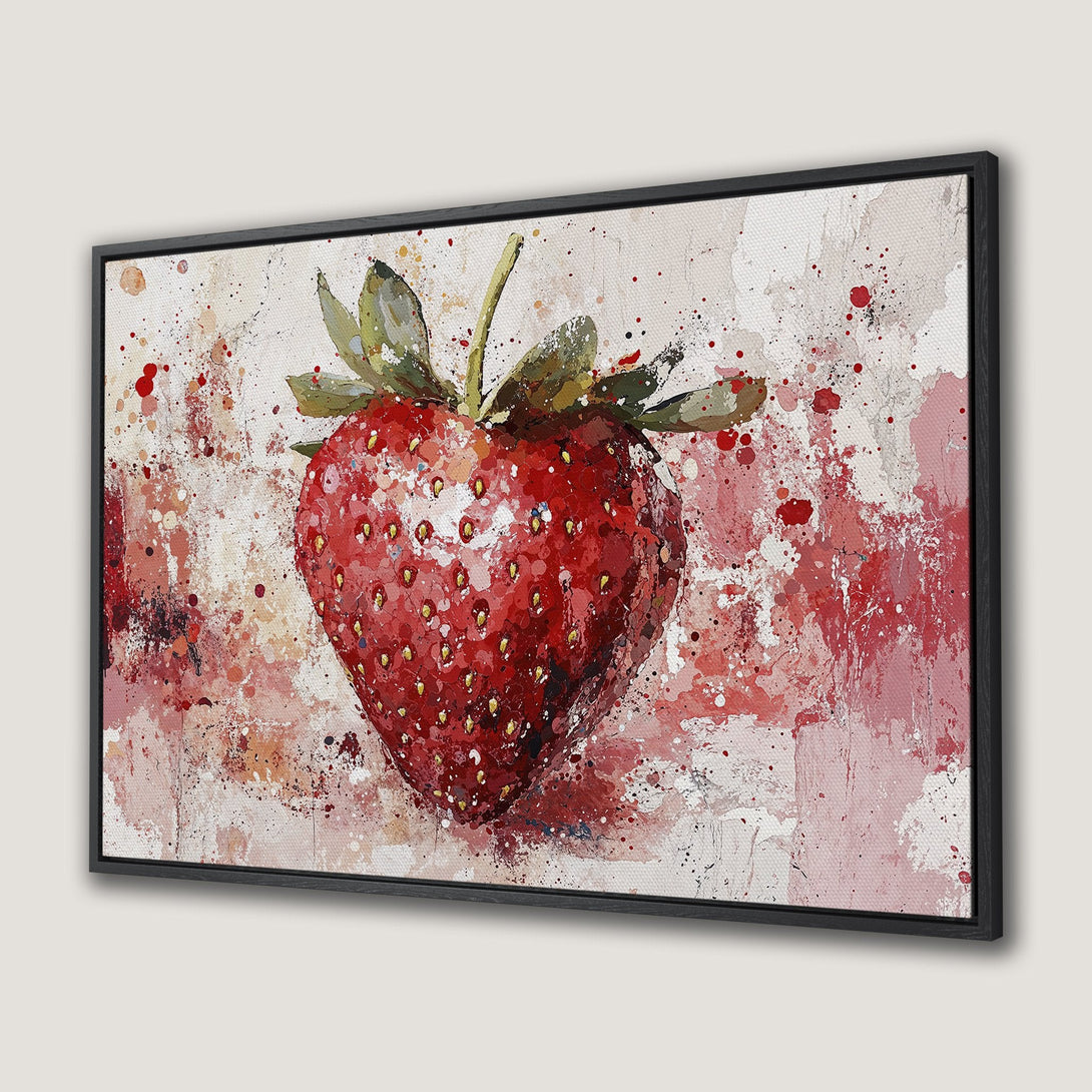 Framed Wall Art: Watercolor strawberry print in red and pink hues. Modern abstract style, perfect for kitchen or dining room decor.