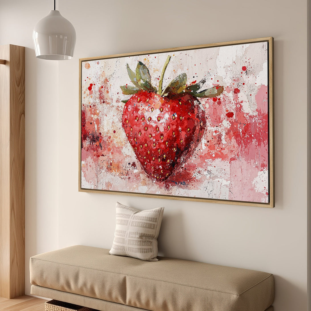 Framed Wall Art: Vibrant strawberry painting in red and pink hues. Modern abstract style adds a pop of color to any space. Shop now for unique wall decor!