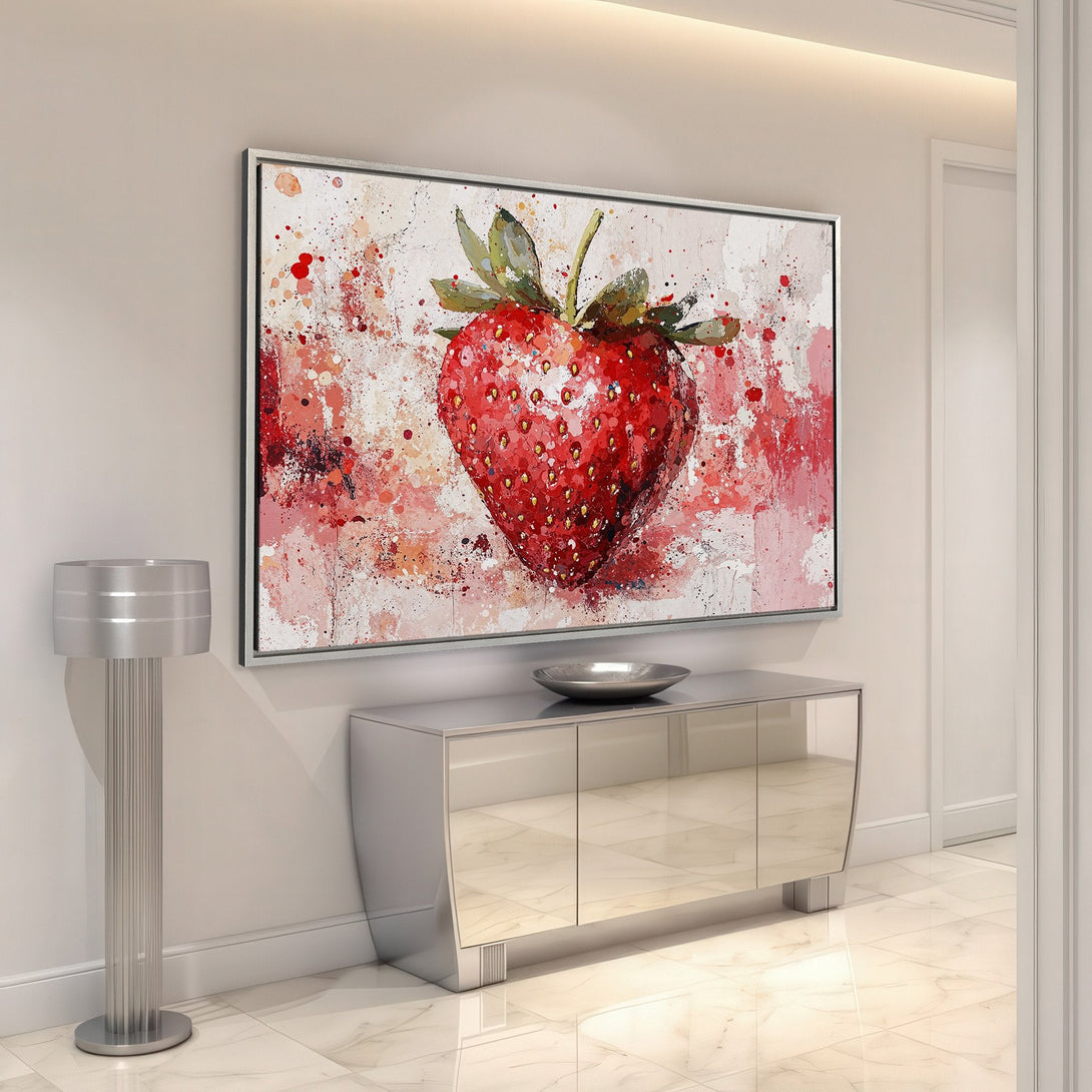 Framed Wall Art: Vibrant watercolor strawberry print in red and pink hues. Modern art for your home. Add this Canvas Print to your decor!
