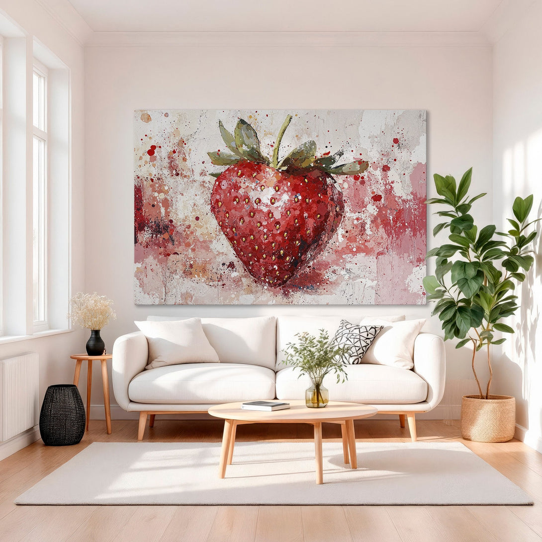 Framed Wall Art: Abstract strawberry painting in red and pink hues. Modern art canvas print adds a pop of color to any living room.