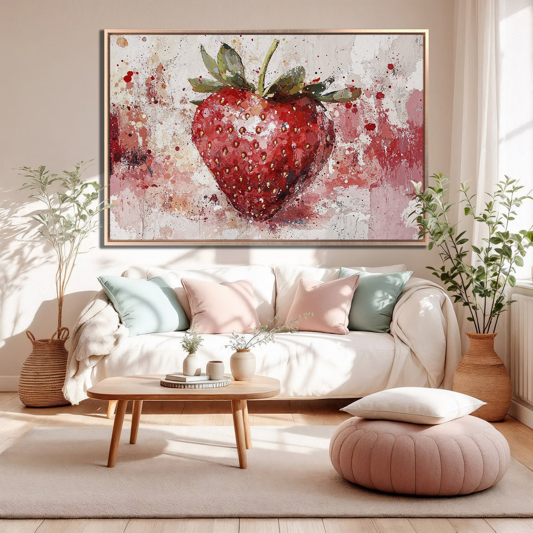 Framed Wall Art: Abstract strawberry painting in red and pink hues. Adds a pop of color to any space! Perfect for kitchen or dining room decor.