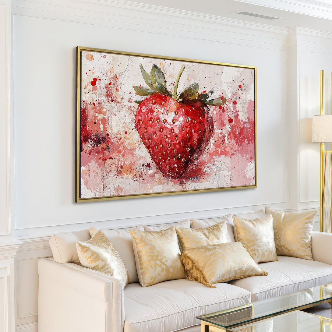 Canvas Print of a vibrant watercolor strawberry in a modern interior. Featuring a red and pink color palette, perfect for kitchen or dining room decor.