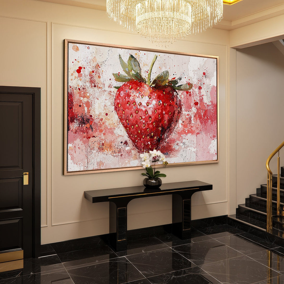 Framed Wall Art: Abstract strawberry painting in red and pink hues. Modern art adds a pop of color to any interior. Shop now!