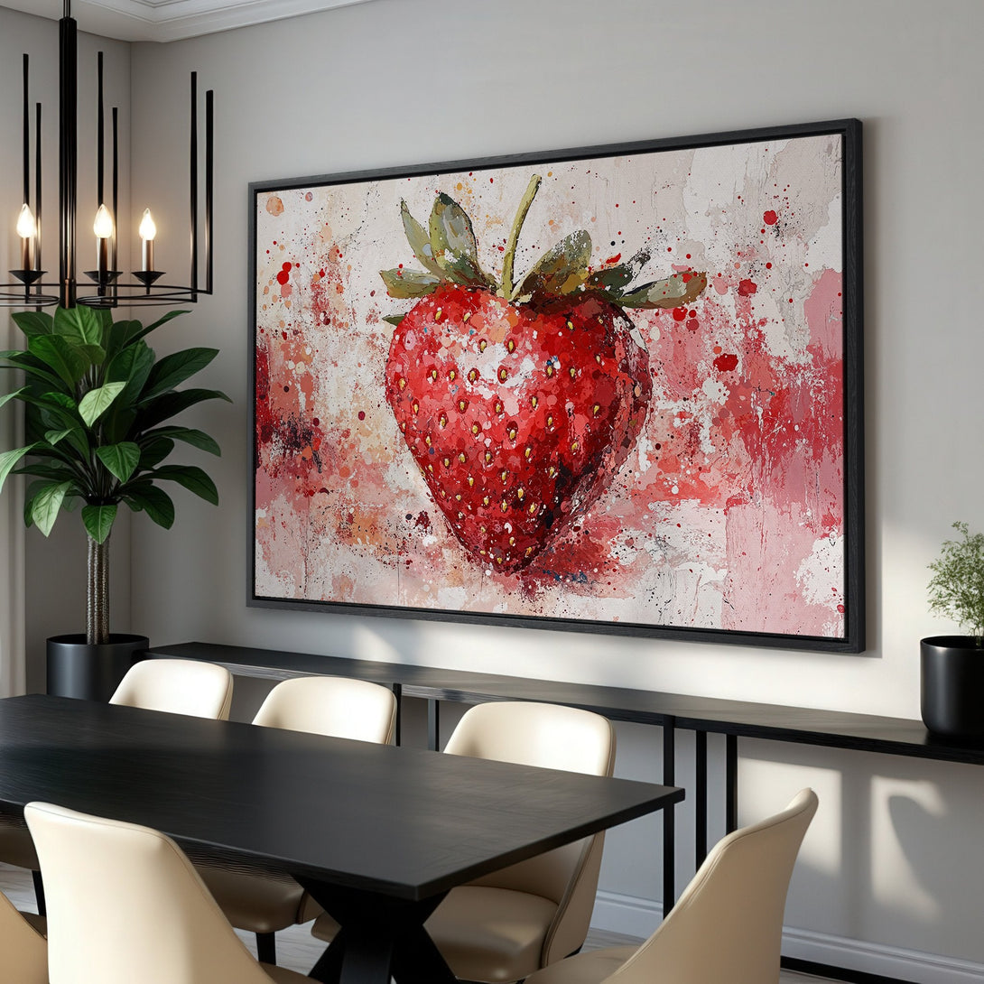 Framed Wall Art: Vibrant strawberry painting in a modern style. Red, pink, and green color palette. Perfect for kitchen or dining room decor.