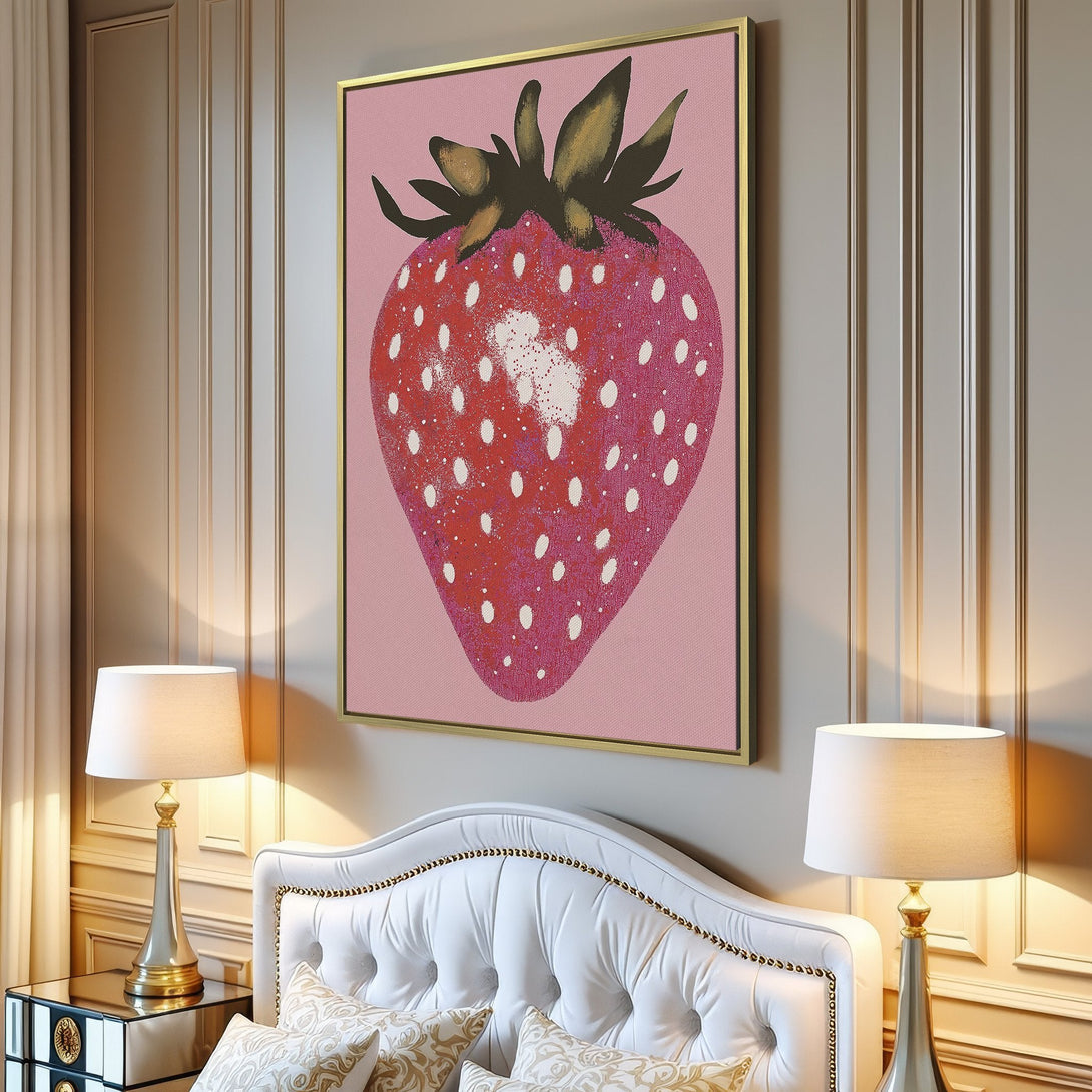 Canvas Print of a whimsical strawberry in red and pink, perfect for adding a pop of color to any interior. Modern art style.