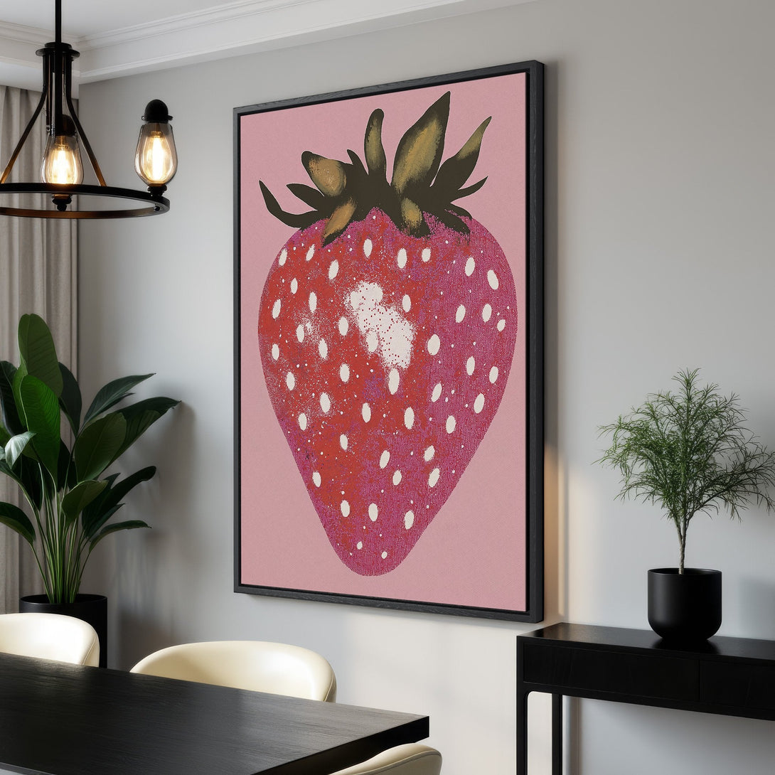 Framed Wall Art: Pop art strawberry canvas print in pink and red. Modern kitchen decor with a vibrant, playful style. Add a touch of fruit art to your space!