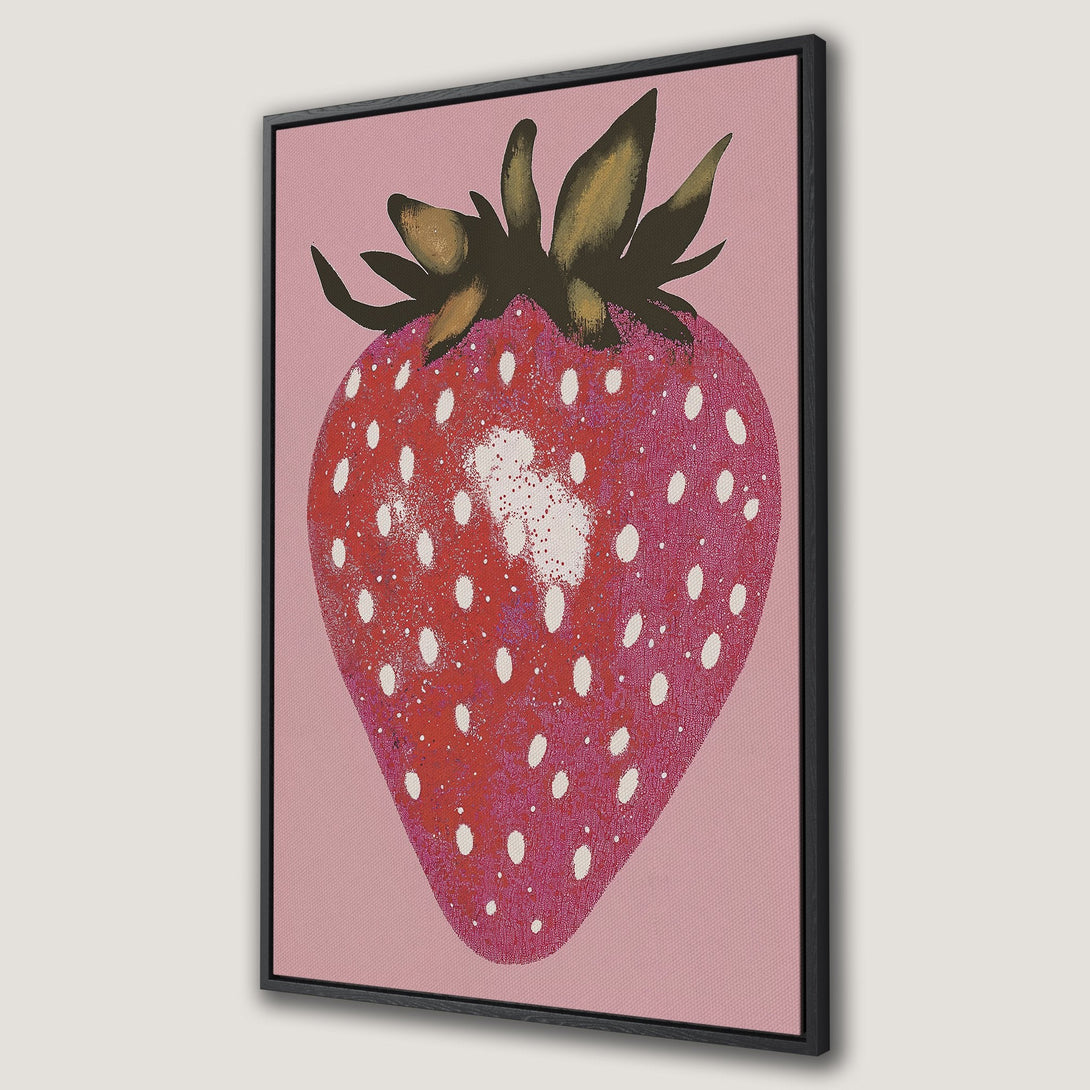 Framed Wall Art featuring a vibrant strawberry illustration. Modern pop art style with a pink and red color palette, perfect for kitchen or dining room decor.