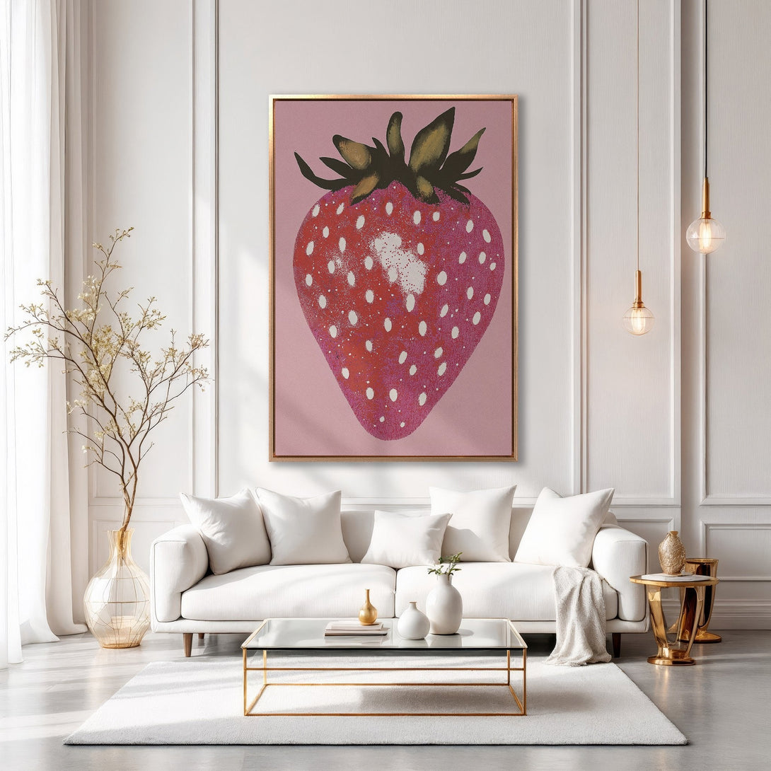 Framed Wall Art: Vibrant strawberry painting in a modern interior. Features a pink and red color palette, perfect for adding a pop of color to your space.