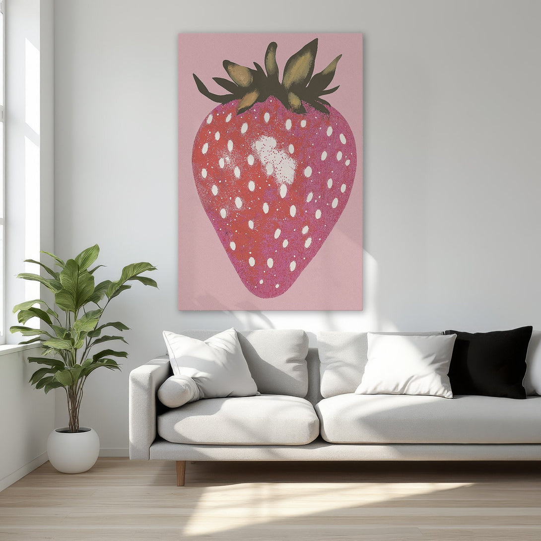 Framed Wall Art: Pop art style strawberry canvas print in pink and red, perfect for adding a touch of fun and color to your bedroom decor.