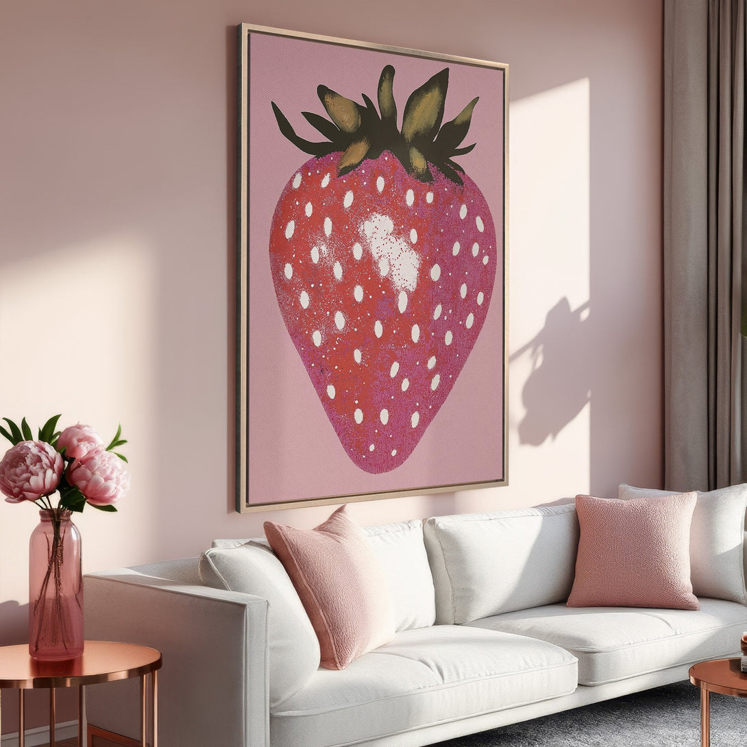 Framed Wall Art Canvas Print of a vibrant strawberry in a pink and red color palette, perfect for modern home decor.