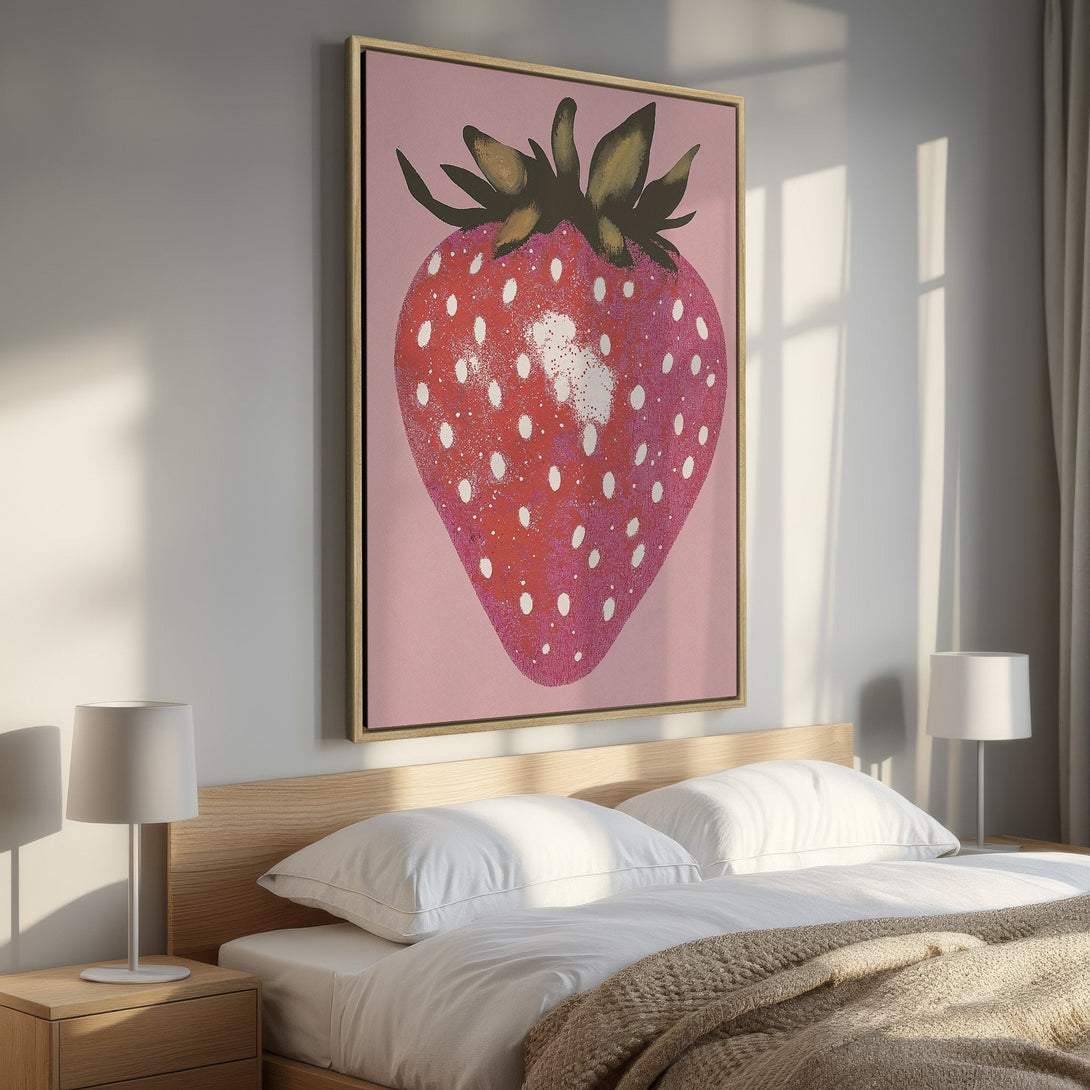 Framed Wall Art featuring a vibrant strawberry illustration in a modern style with a pink and red color palette, perfect bedroom decor.
